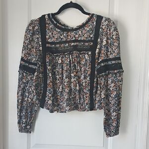 American Eagle Outfitters Floral Blouse Black Lace Trim Medium